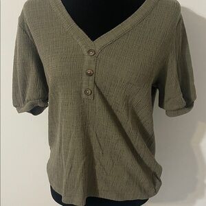 Loft Olive Green V-Neck Button Short Sleeve Top
